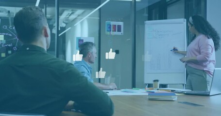 Poster - In modern office, business team presenting with digital thumbs-up animation icons