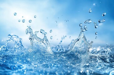 Poster - High-Resolution Water Splash with Droplets Creating Ripples in Clear Liquid Against a Bright Blue Background for Creative Projects