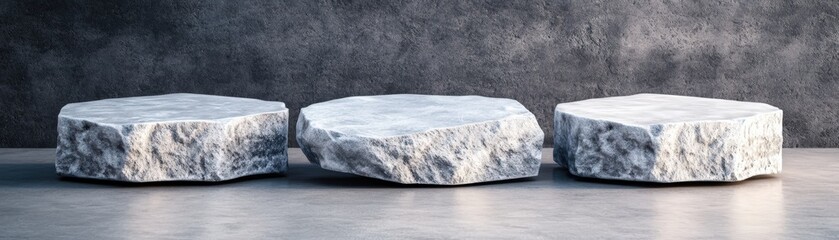 Poster - Three solid concrete blocks arranged on a table in a minimalist setting with a focus on texture and form