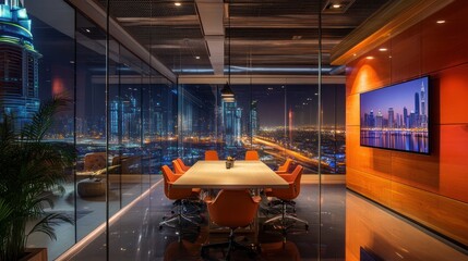 Poster - Modern office conference room with city view, business meeting