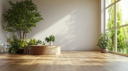 Poster - Inviting room featuring a large tree in the corner bringing a touch of nature and freshness to the interior space