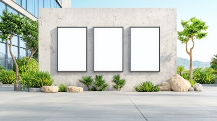 Poster - A creative mockup featuring three vertical customizable posters displayed on a weathered stone building, emphasizing the contrast between contemporary design and traditional architecture