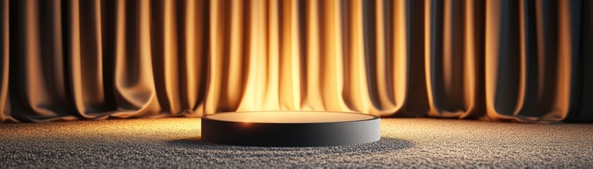 Poster - A lit candle casting soft light on a plush carpet surrounded by empty curtains in a cozy setting with stage light