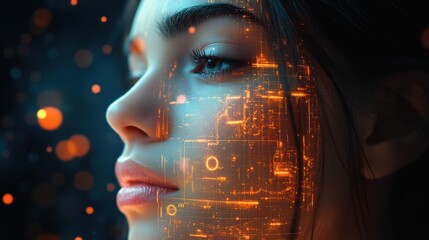 Poster - portrait of a woman with digital overlays, showcasing technology integration and innovation