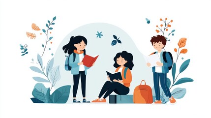 Poster - A delightful illustration highlighting students studying together, featuring minimalistic artwork and textured backgrounds that promote a sense of belonging and support for academic growth.