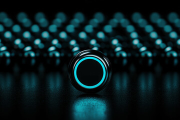 Poster - Neon Blue Circular Button on Dark Background with Illuminated Dots and Bokeh Effect