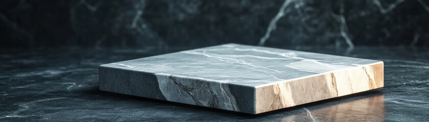 Poster - Elegant marble block set against a dark background highlighting its texture and beauty in a minimalist composition