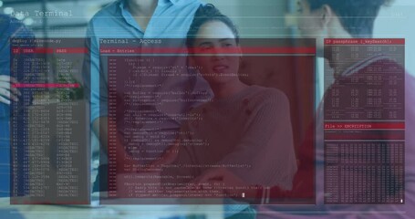 Poster - Animation overlaying computer code with diverse people working in modern office