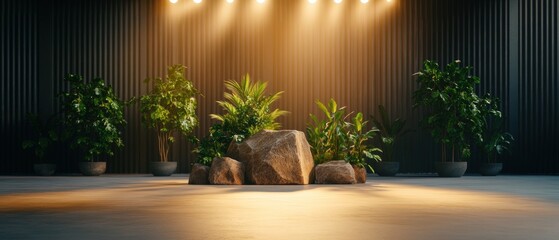 Poster - Dramatic stage setting with lush green plants and bright lights illuminating the performance area for a stunning show