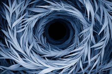 Poster - Swirling Blue Leaves Forming a Hypnotic Circular Pattern on a Dark Background
