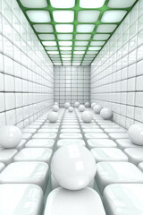 Poster - Abstract Perspective of White Balls on Glossy Tiles in Minimalist Digital Space