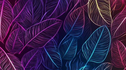 Poster - Vibrant Leaves Patterned Design With Neon Colors on a Dark Background