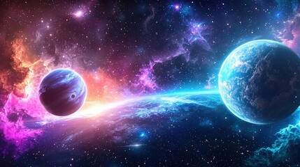 Poster - A stunning 3D rendering of a space scene with vibrant planets, smooth lines, and intricate textures, captured in HD 8k with full depth of field to emphasize their size and beauty.