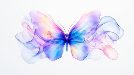 Poster - A surreal and enchanting digital butterfly design, blending soft pastel gradients with bold iridescent hues, its wings appearing almost translucent and glowing with magic, on a pure white background.