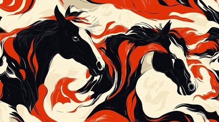 Poster - Two Dynamic Horses Create an Energetic Pattern in Black and Red Tones Against a Cream Background