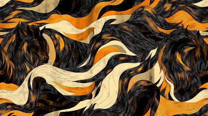 Poster - Vibrant Horse Motifs Illustrated With Swirling Lines in Orange and Black Tones Create an Eye-Catching Design