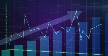 Poster - Animation of fluctuating line chart over blue bar chart with upward arrow