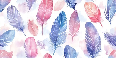 Poster - Colorful Watercolor Feathers in Various Shades Layered Over a Soft Pastel Background