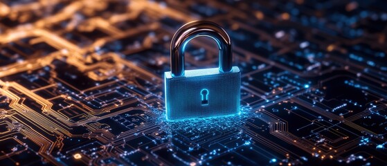 Poster - Secure padlock on a futuristic circuit board glowing with blue light representing technology and security concept