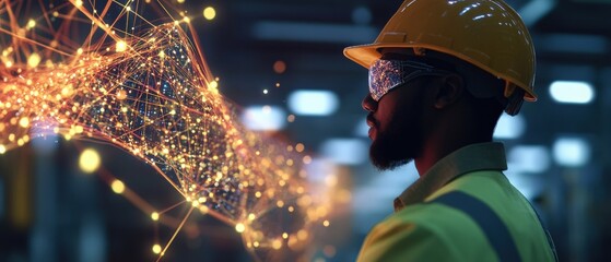 Poster - Focused industrial worker in hard hat analyzing complex network of connected lines representing digital transformation