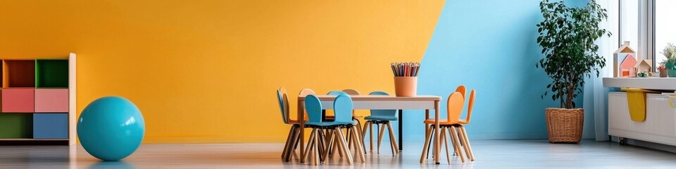 Poster - A colorful room with a blue ball and a potted plant