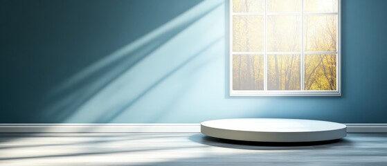 Poster - Inviting photo realistic image of a room featuring a window and round table emphasizing modern interior design style