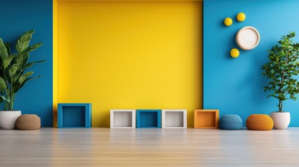 Poster - A room with a yellow wall and blue trim