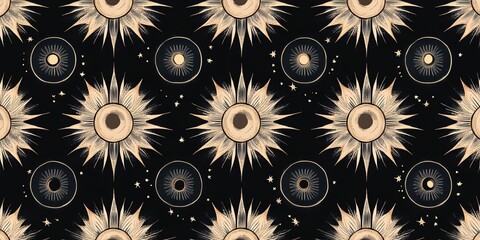 Poster - Intricate Celestial Pattern Featuring Stars, Suns, and Moons on a Black Background