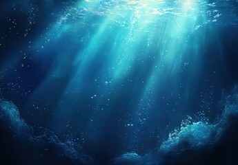 Poster - Serene Underwater Light Rays Shining Through Clear Ocean Water Surface with Bubbles and Blue Tones for Peaceful Nature Imagery