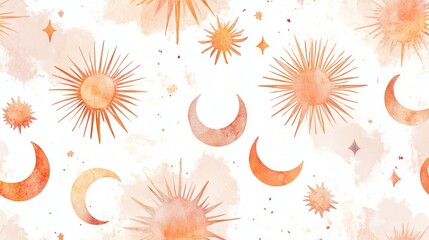 Poster - Abstract Celestial Patterns Featuring Suns and Moons in Warm Tones With a Soft Backdrop