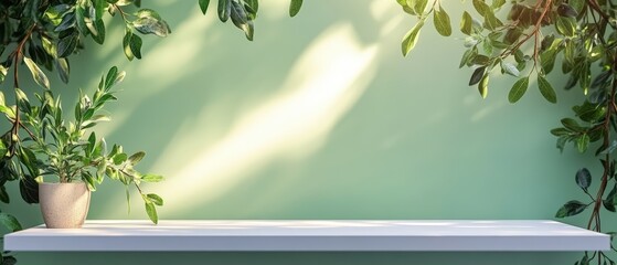 Poster - Serene indoor scene featuring a green plant on a minimalist shelf against a soft abstract background of light colors