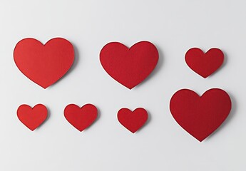 Poster - Seven Red Hearts of Different Sizes with Textured Surface Representing Love, Emotion, and Affection on a Light Background