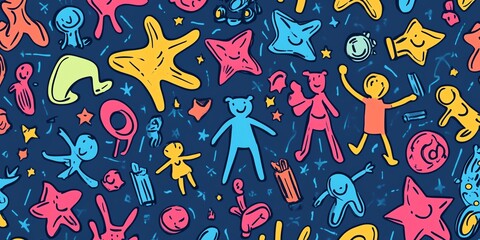 Poster - Bright and Colorful Playful Doodles Featuring Diverse Characters and Shapes on a Dark Blue Background