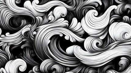 Poster - Dynamic Swirling Patterns Created in Black and White Resembling Ocean Waves With Intricate Details in a Contemporary Artistic Style