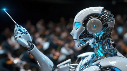 Aufkleber - A robot is standing in front of a crowd of people, pointing to something
