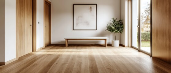 Poster - Inviting hallway featuring a stylish bench accompanied by a lush plant creating a cozy entryway atmosphere