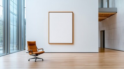 Poster - A chair is sitting in front of a white wall with a large painting