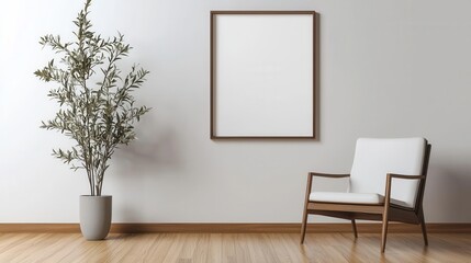 Poster - A white chair sits in front of a large empty picture frame