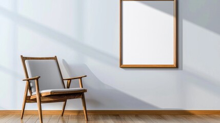 Poster - A wooden chair is sitting in front of a white framed picture