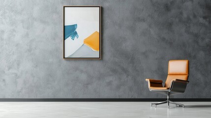 Poster - A chair is sitting in front of a wall with a picture on it