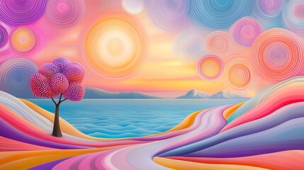 Aufkleber - Vibrant landscape featuring colorful hills, a lone tree, and a serene seascape at sunset