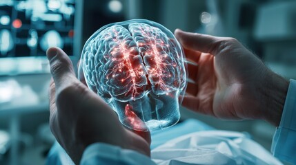Poster - A man is holding a brain model in his hands