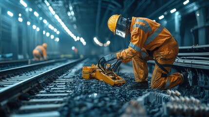 Poster - A man in an orange jumpsuit is working on a train track