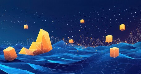 Aufkleber - surreal abstract landscape with geometric shapes and wavy textures representing digital connectivity