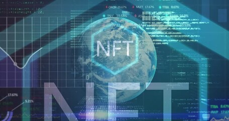 Poster - NFT animation with digital globe surrounded by financial data and graphs