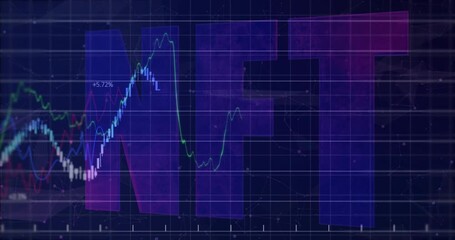 Poster - Animation of fluctuating financial graph lines over NFT text on digital grid