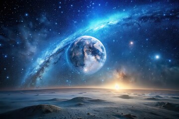 Wall Mural - A celestial panorama depicting a vibrant sunrise over an alien landscape, with a massive planet and a swirling nebula dominating the night sky