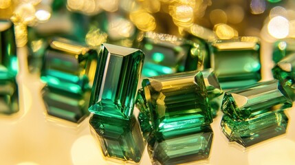Poster - Luxury emeralds resting on a reflective mirror, capturing a spectrum of green tones.