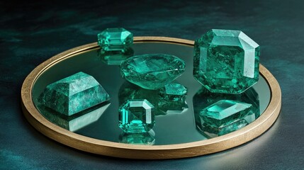 Poster - Luxury emeralds resting on a reflective mirror, capturing a spectrum of green tones.