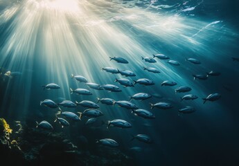 Poster - Underwater Scene of Swimming Fish Surrounded by Sunlit Water Beams, Showcasing Marine Life in a Vibrant Ocean Setting with Coral Reefs Below